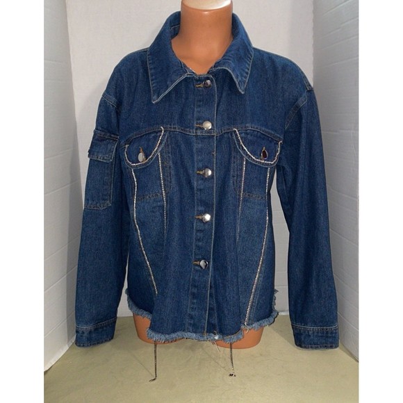 Vintage Haute Monde rhinestone chain trim Denim Jean Jacket M - Picture 2 of 10